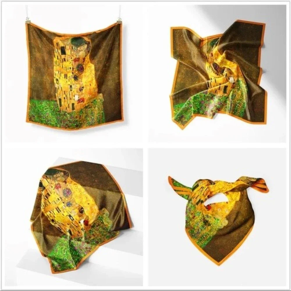 GUSTAV KLIMT Scarf The Kiss Painting Square Kerchief Silky Satin